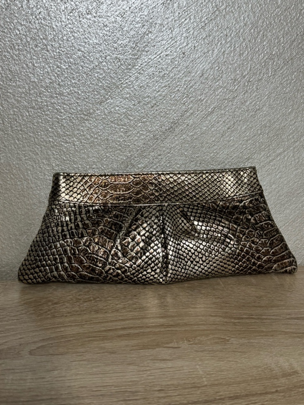 Lauren Merkin Louise Embossed Leather Clutch metallic gold finish snack pattern